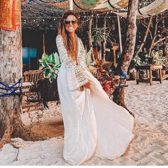 Boho white lace maxi dress cover up waist Kimono - Picture 3 of 9